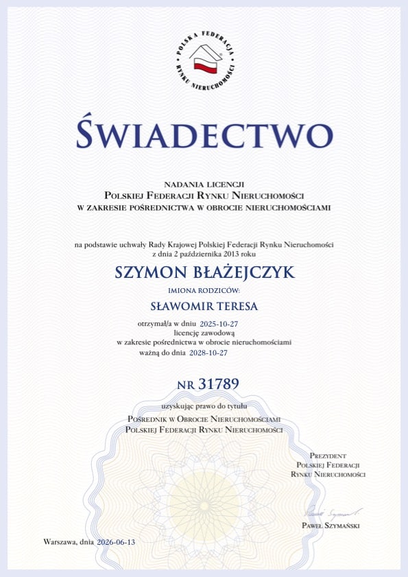 Licencja pośrednika w obrocie nieruchomościami nr 31789